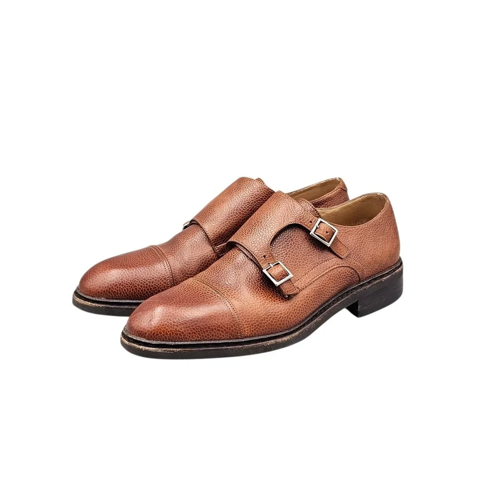 Paraboot Men Size 7.5 US Vigny Actem‎ Brown Pebbled Leather Monk Strap Shoes
